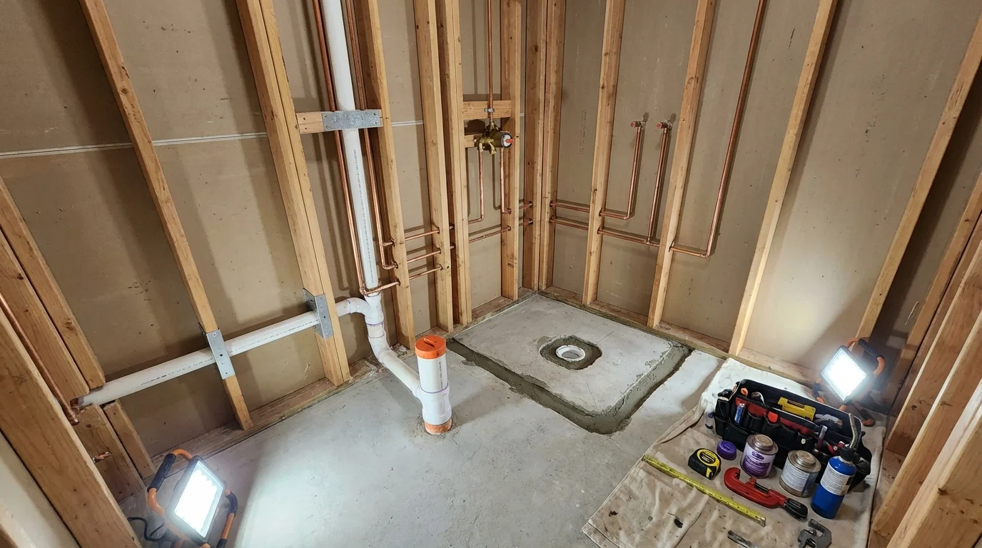Bathroom rough-in plumbing during remodel by Johns Plumbing LLC in Port Hueneme