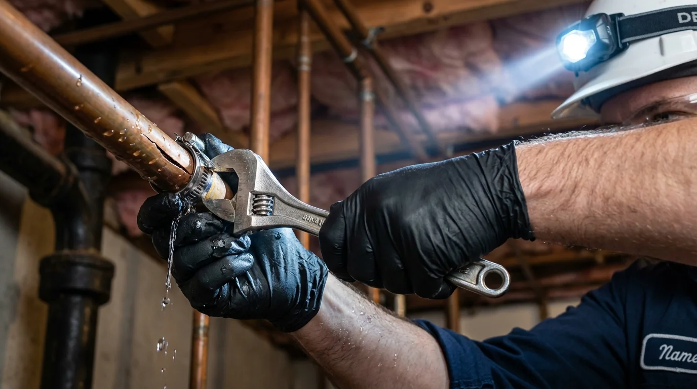 Emergency pipe clamp repair being performed by a Johns Plumbing LLC plumber in Port Hueneme