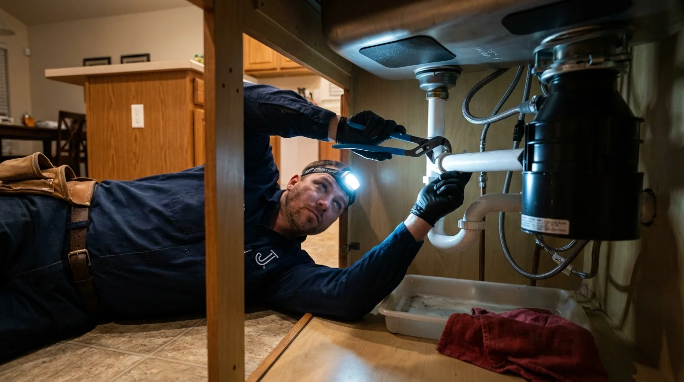 P-trap and supply line connections under a kitchen sink showing a common leak point in Port Hueneme, CA